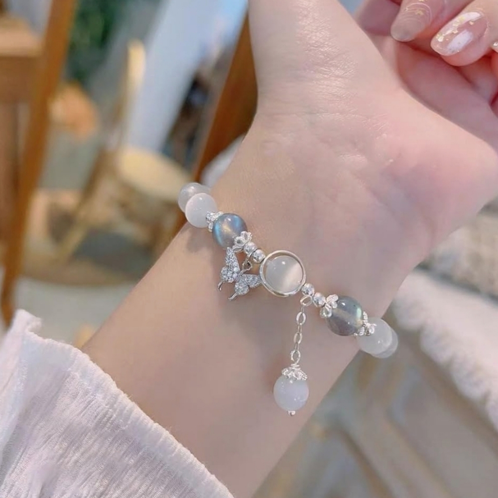 Moonstone &‎ Cats Eye Glass Beads Butterfly Stretch Charm Bracelet for Women